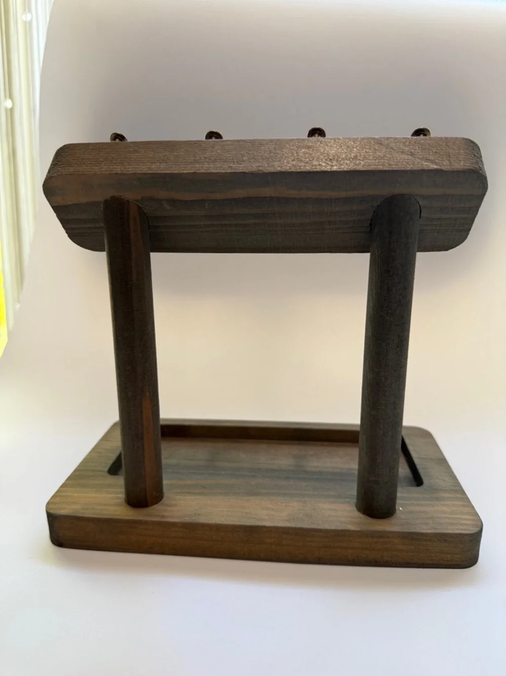 Wooden Key Organizer Stand in Dark Brown with Brass Hooks